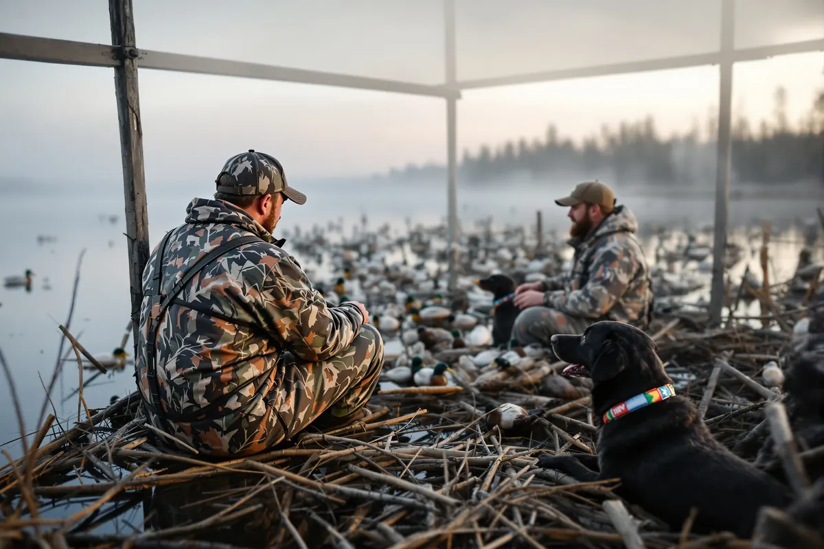 Waterfowl guide setting decoys for a party of hunters in flooded timber
