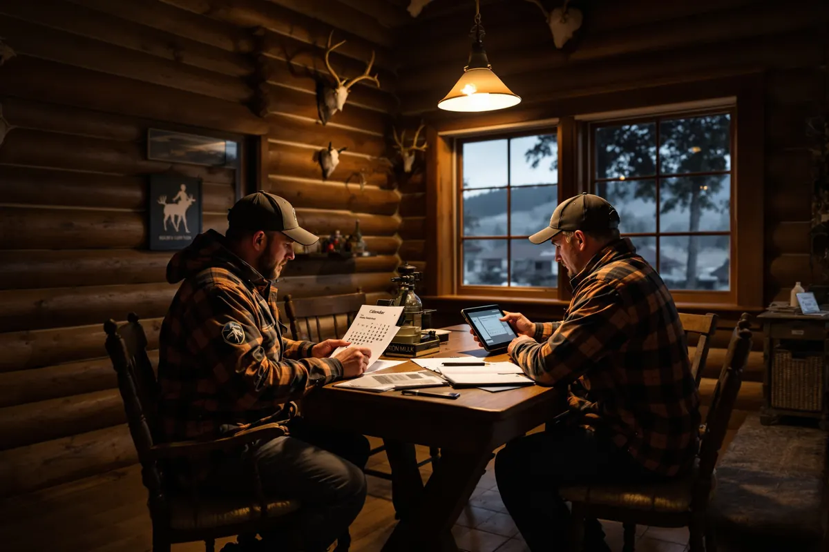 Outfitter and guide reviewing the season schedule in a lodge office