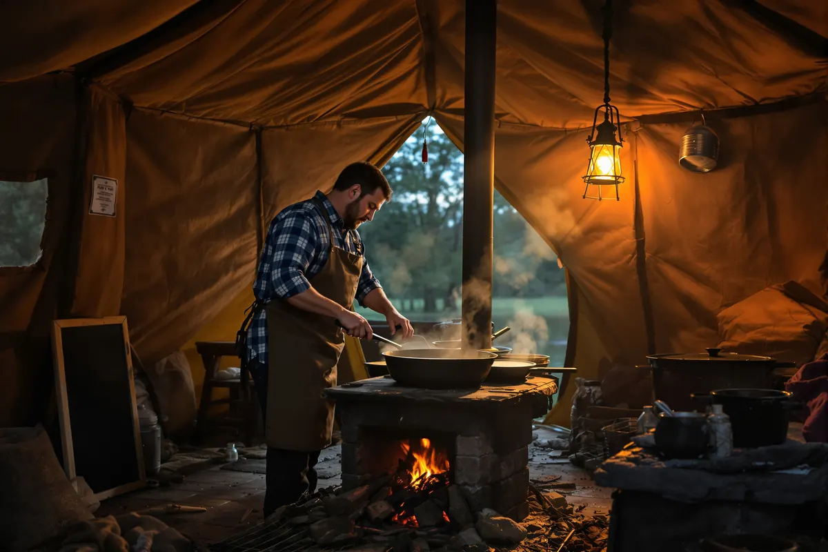 Camp cook working at a wood stove in a wall tent before dawn