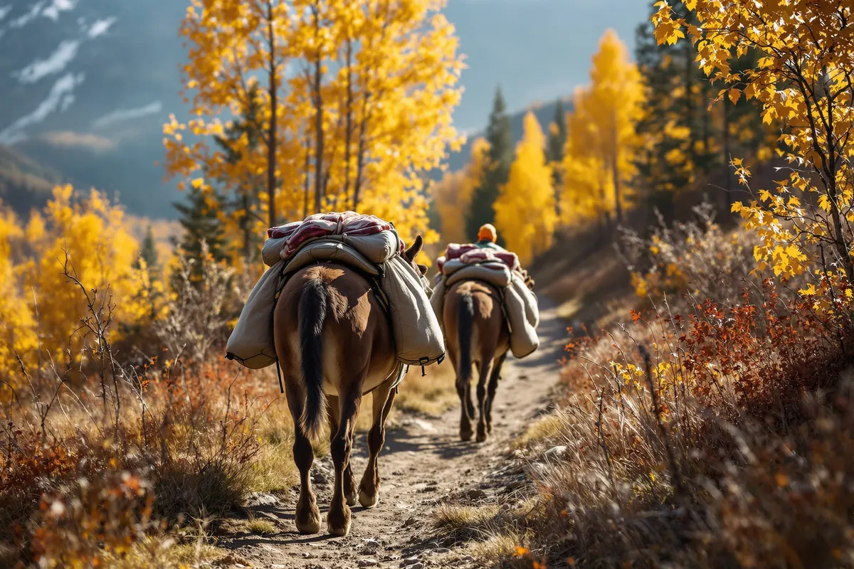 Packer leading mules loaded with elk quarters down a mountain trail