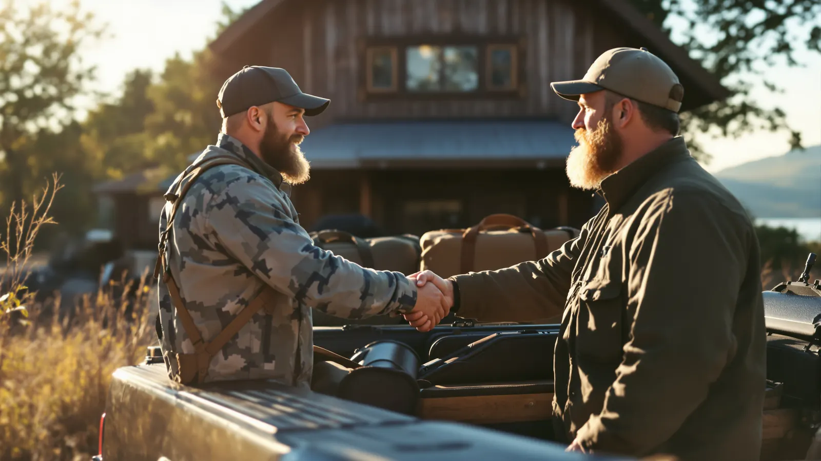 Hunter thanking his guide at the truck, thinking about how much to tip a hunting guide