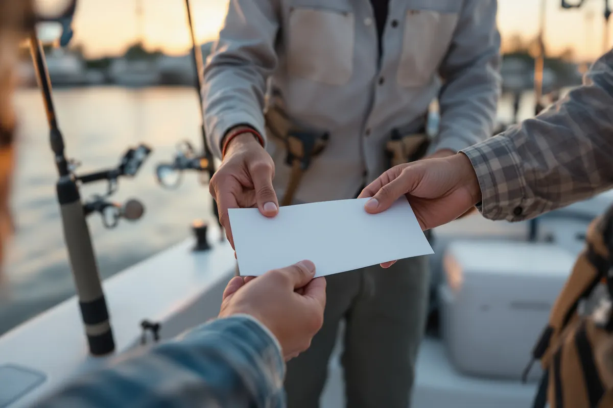 Angler handing an envelope to a charter captain at the end of a trip