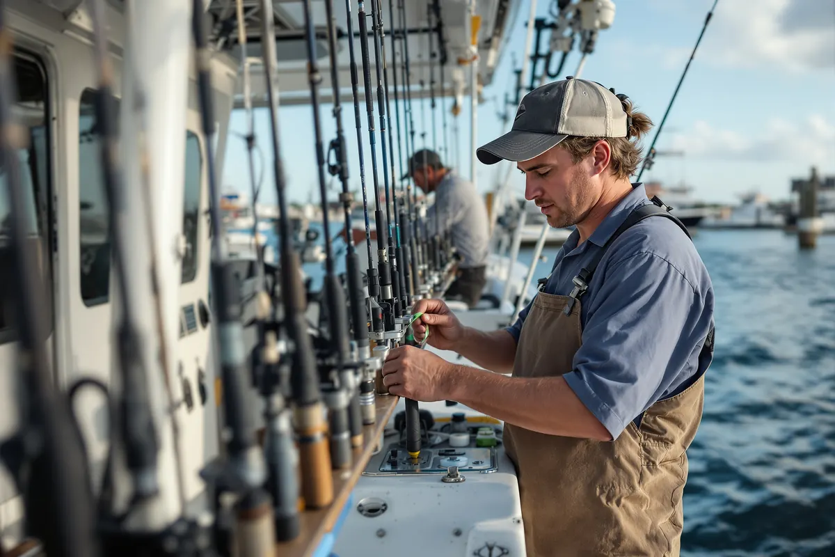 Deckhand rigging rods on a charter boat before a morning trip