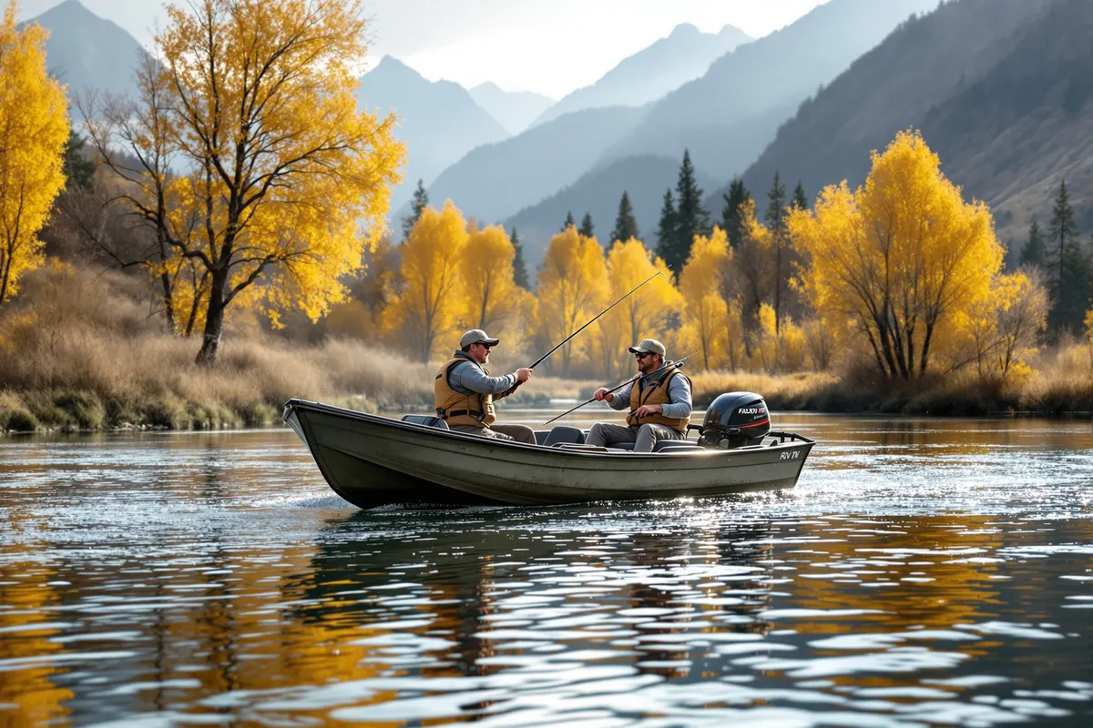 Guide rowing a drift boat with two fly anglers on a trout river in autumn