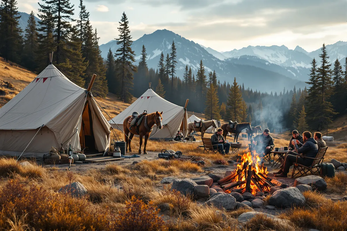 Elk camp guide saddling pack horses at first light in the mountains