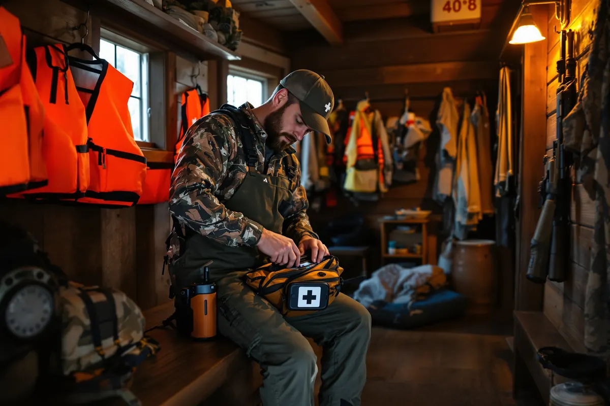 Guide packing a first aid kit, GPS and radio before a hunt