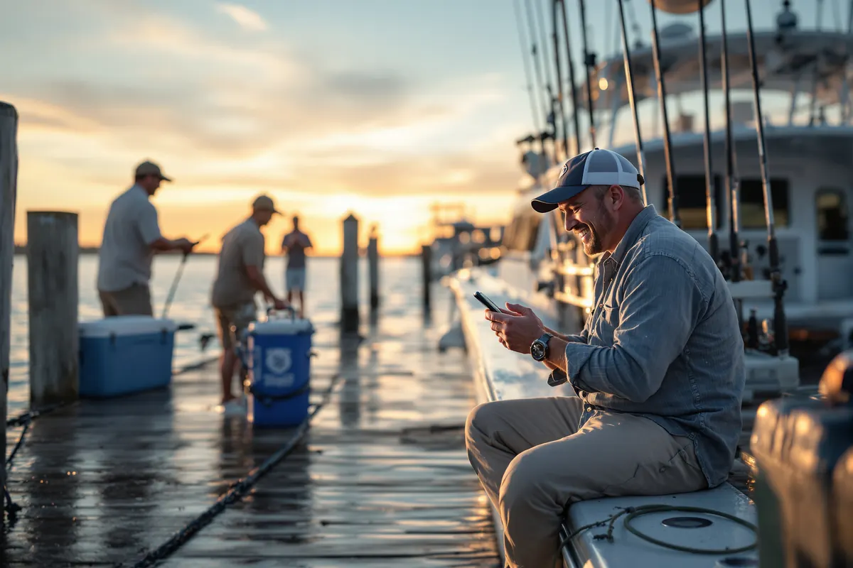 Angler looking at trip photos on a phone at the dock after a charter