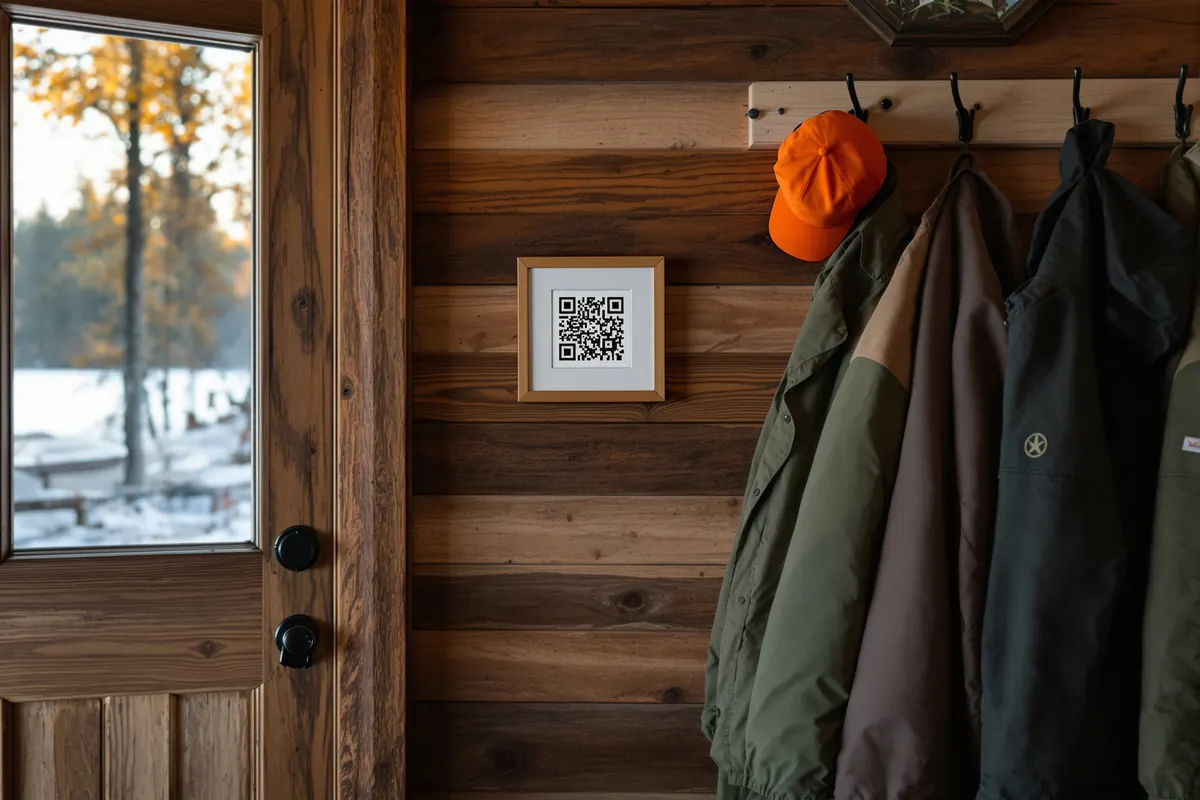 Framed QR code card on a rustic lodge wall near coat hooks