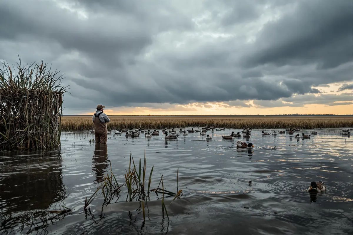 Waterfowl guide watching a storm roll in over a flooded rice field