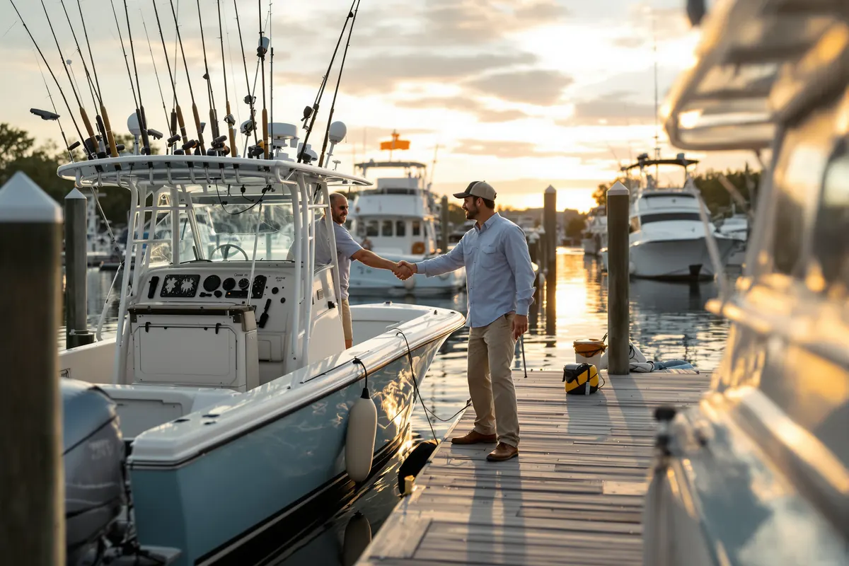 Charter captain greeting an angler at the dock before a trip