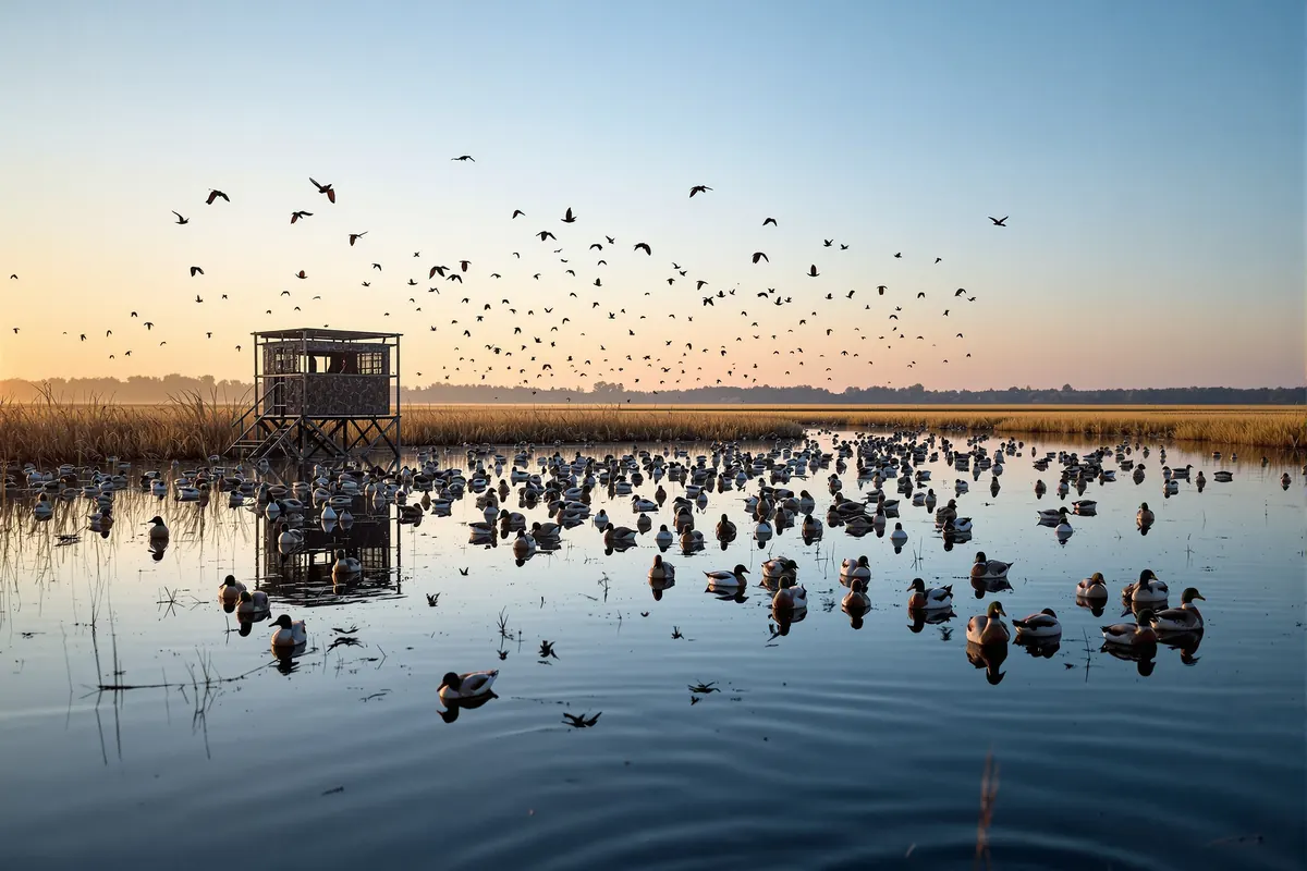 Duck spread under a clear sky on a slow morning