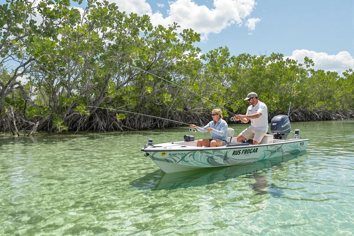 Flats guide poling a skiff while an angler casts toward mangroves