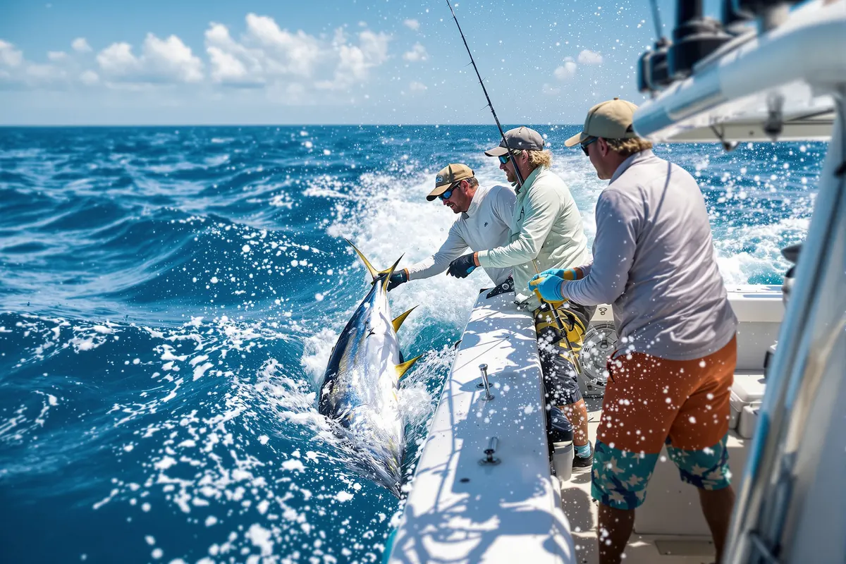 Mate landing a mahi-mahi for anglers on an offshore charter