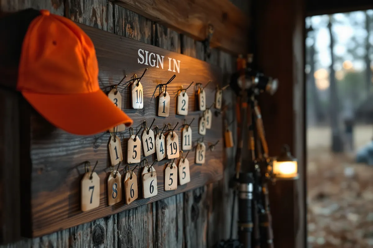 Wooden stand board with numbered tags inside a hunting camp