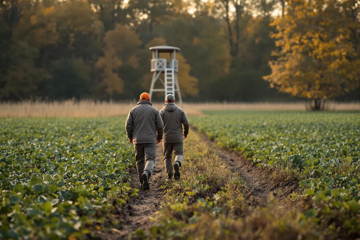Two members walking past a fall food plot toward a ladder stand