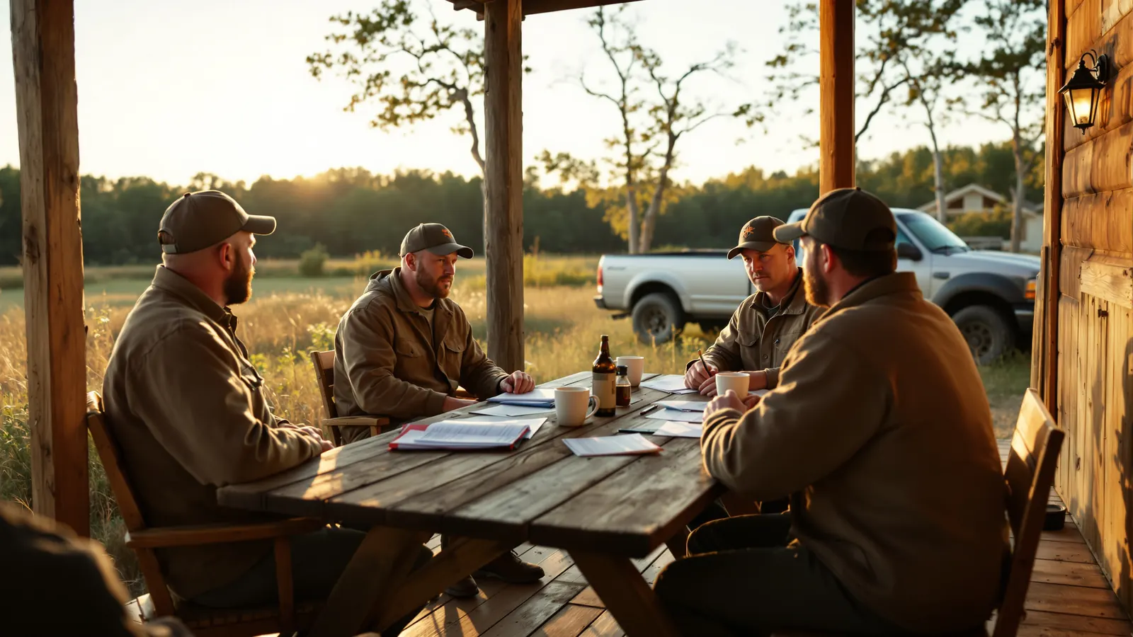 Founding members meeting on a camp porch to plan how to start a hunting club