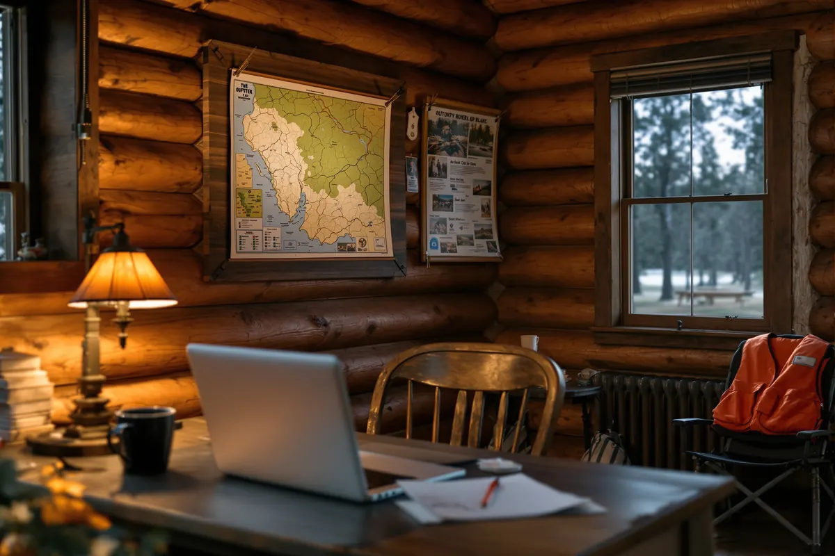Rustic outfitter office with a topographic map on the wall and a laptop on a wooden desk