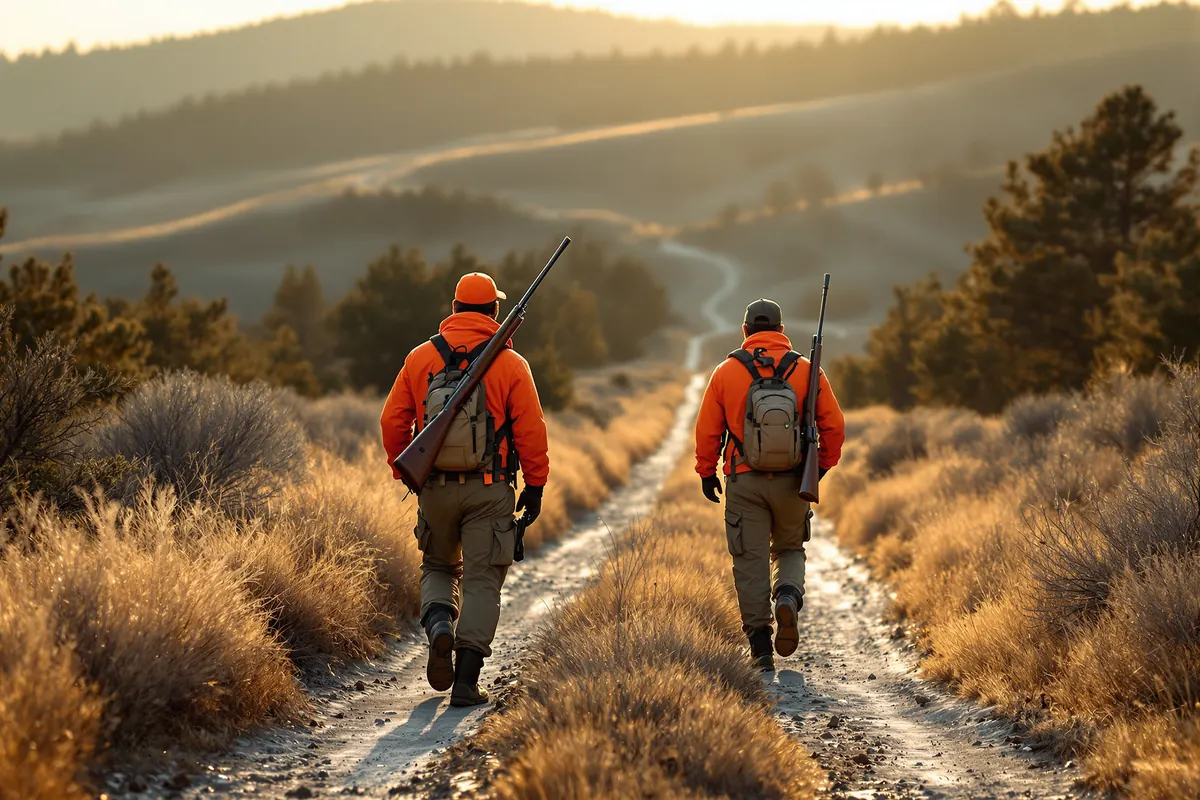 Guide leading two hunters in blaze orange along a ranch road at dawn