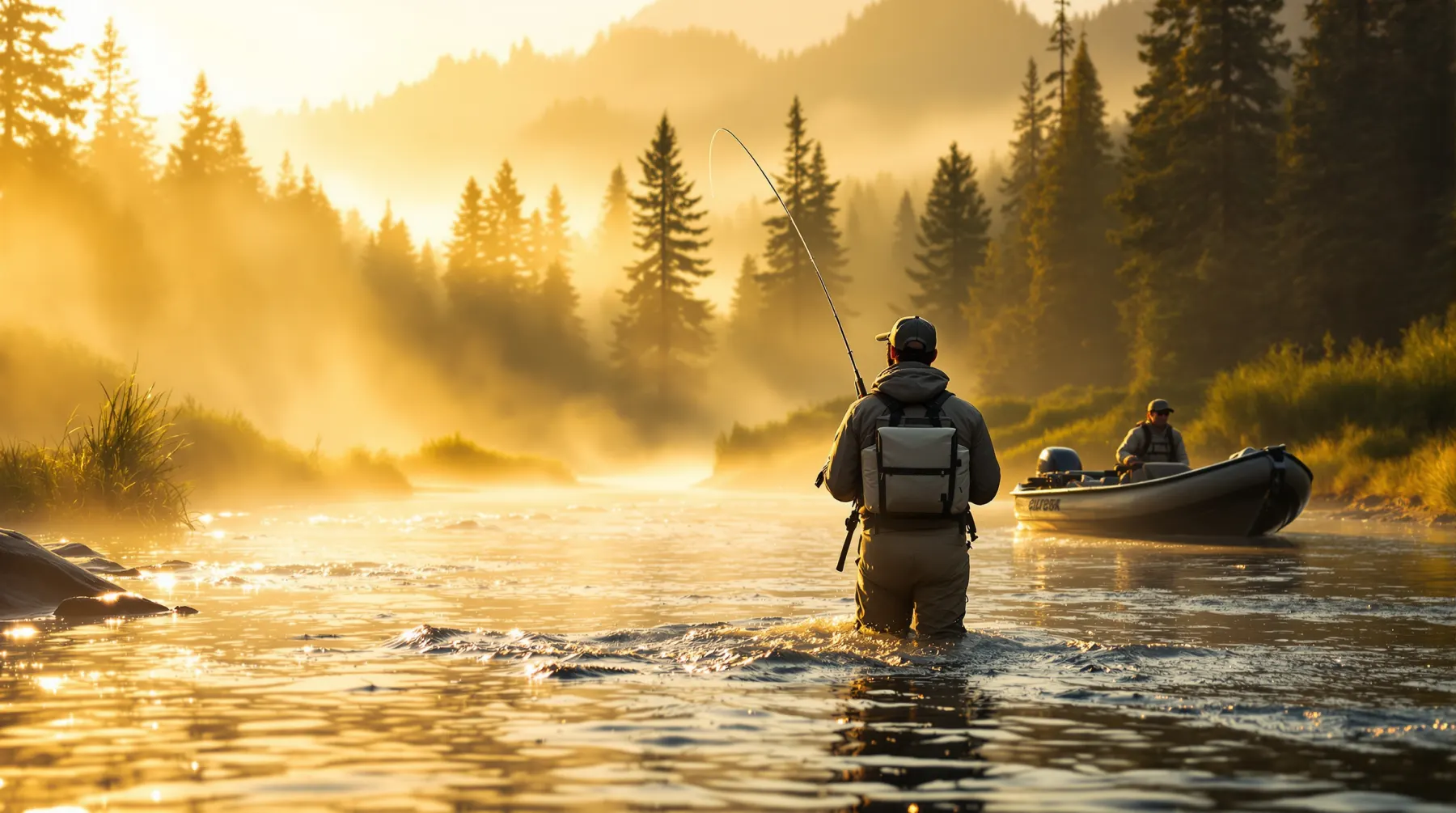 Fly angler casting in a river on a guided trip sold through fishing charter booking software