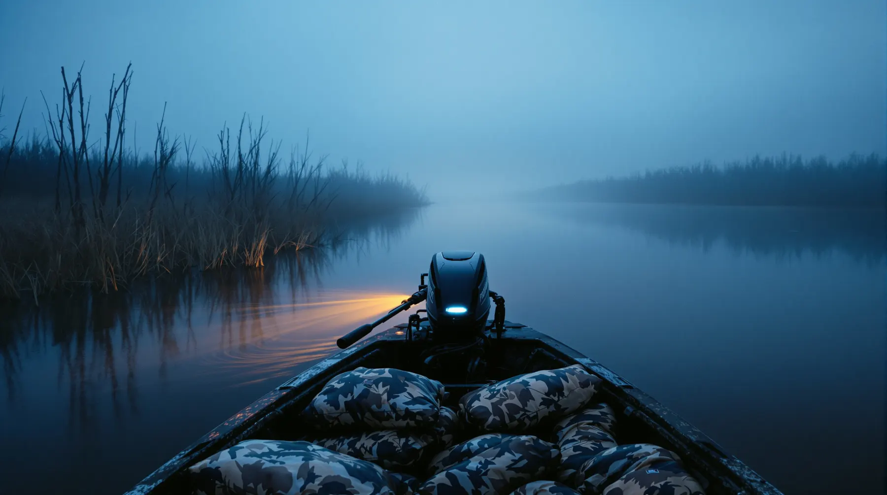 Guide boat tied up on dark water before first light, the kind of trip hunting outfitter software books and tracks