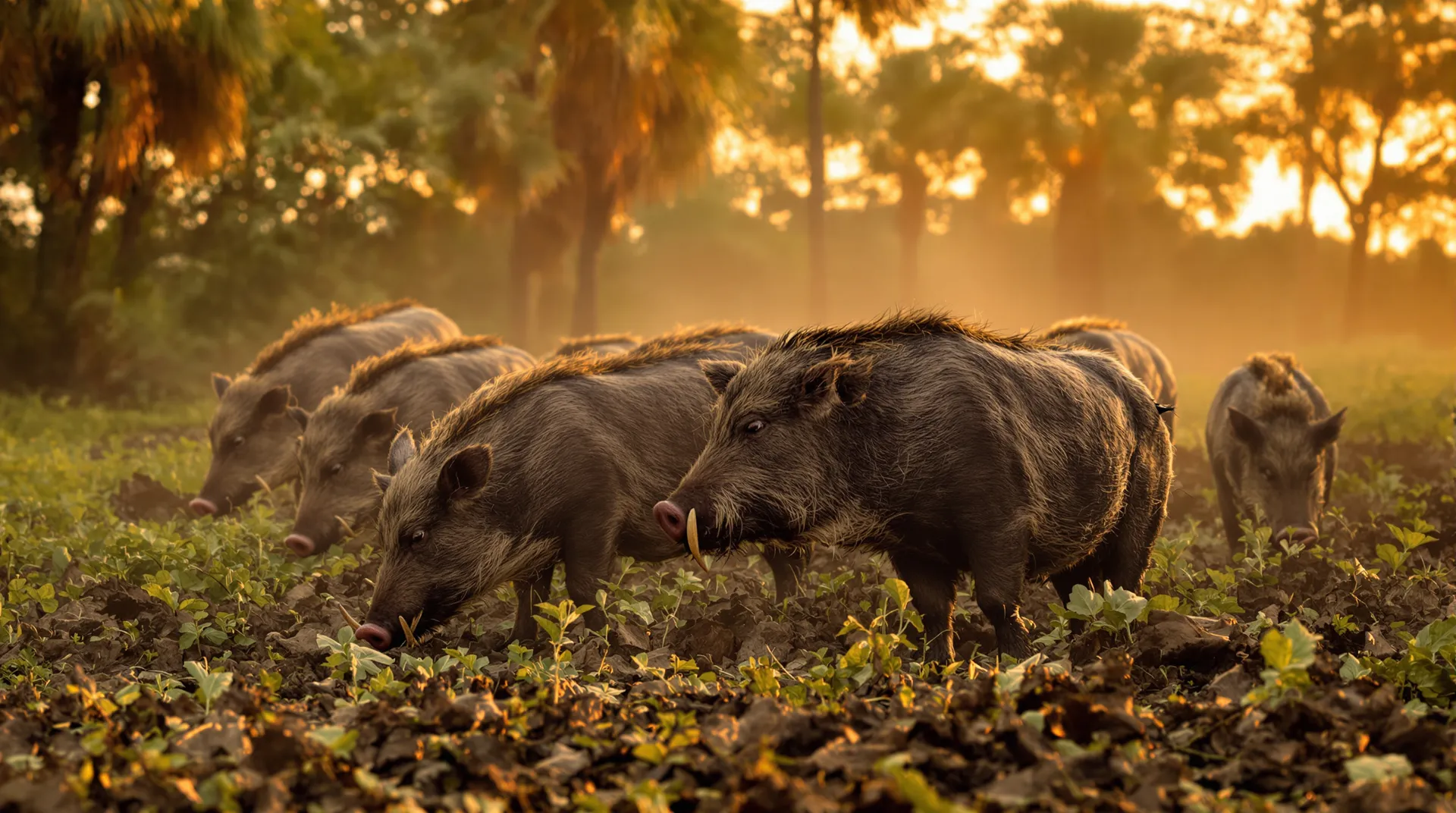 Sounder of wild hogs rooting in a field at sunrise, the kind of hunt booked with hog hunting outfitter software