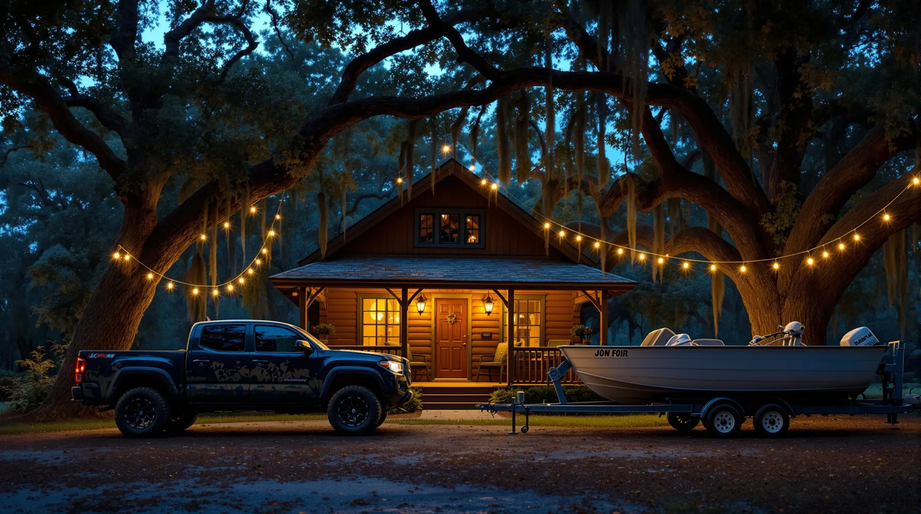 Log hunting lodge lit up at dusk under live oaks, with a truck and jon boat out front, run on hunting lodge reservation software