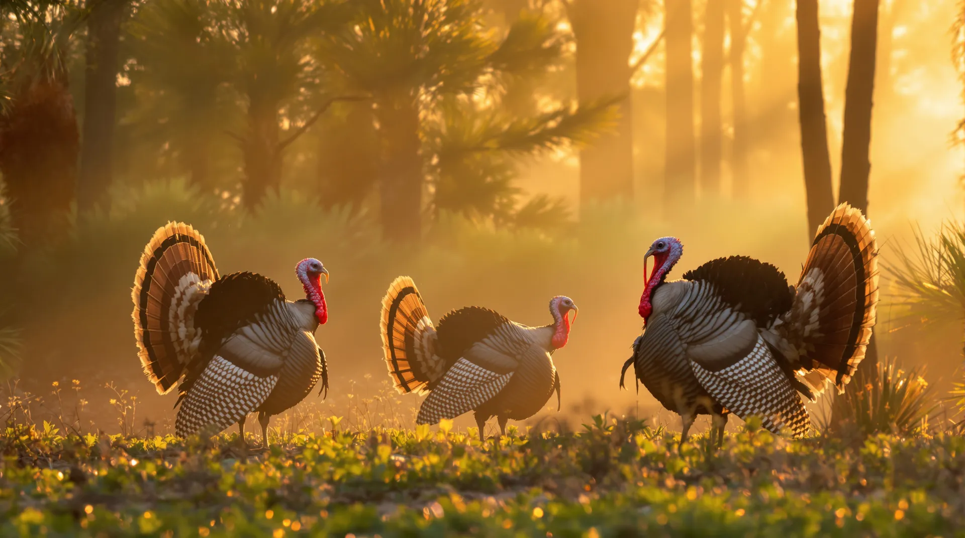 Three gobblers strutting in misty spring woods at dawn, the hunt that turkey hunting outfitter software helps you sell