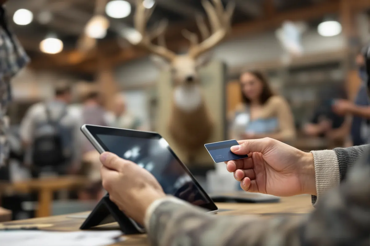 Hunter paying a deposit on a tablet at an outfitter's booth