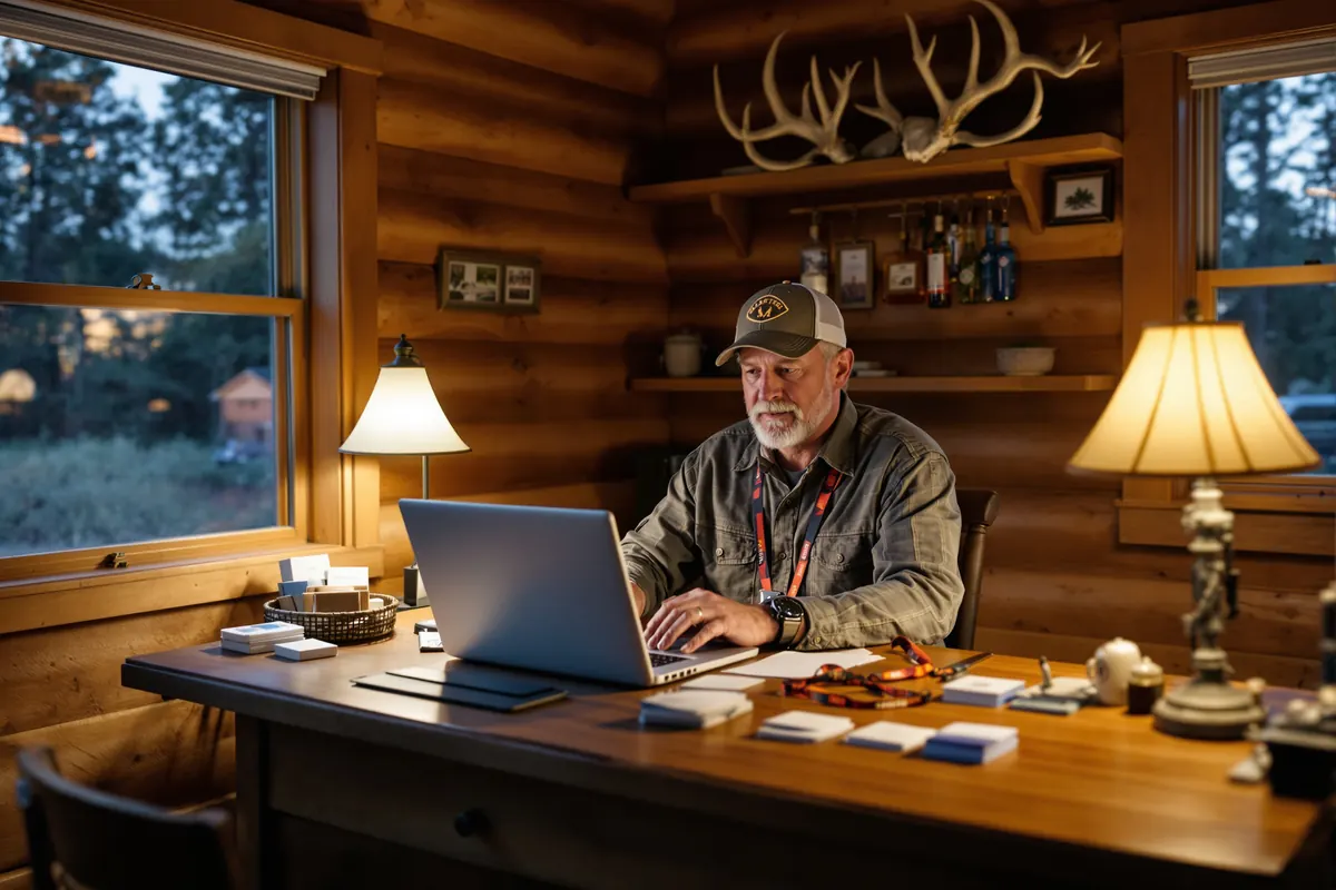 Outfitter following up on show leads at a lodge office desk