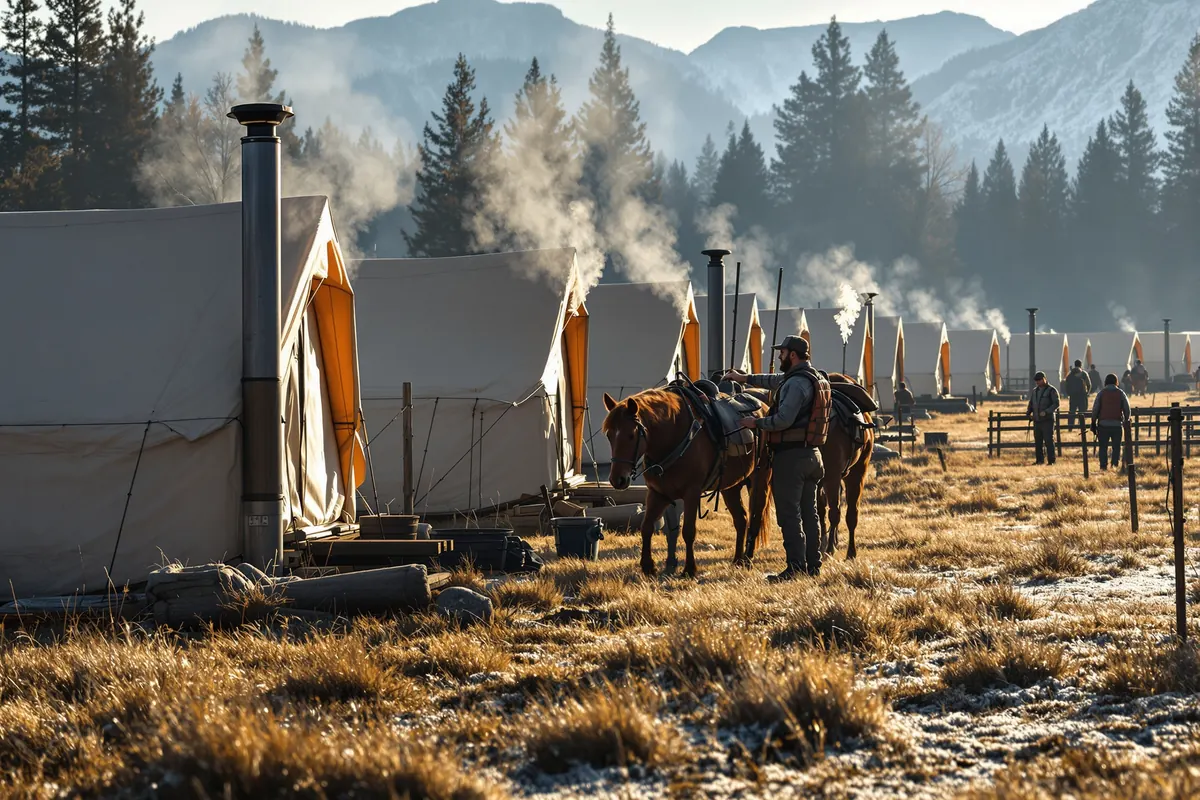 Packer saddling horses at a frosty western elk camp at first light