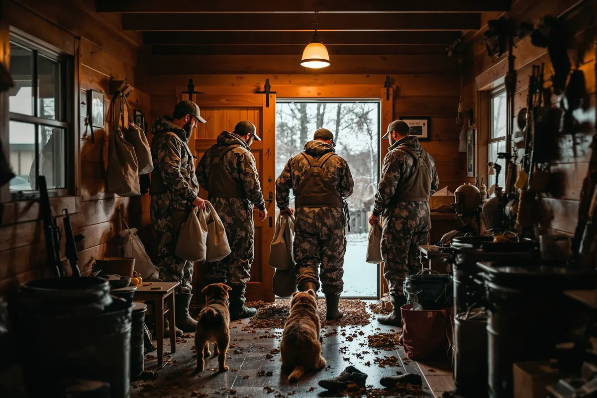 Guides gearing up in a lodge mudroom before a morning hunt