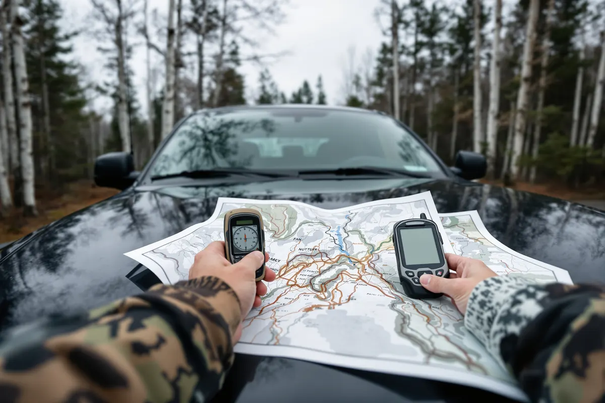 Guide practicing map and compass navigation on a truck hood in the north woods
