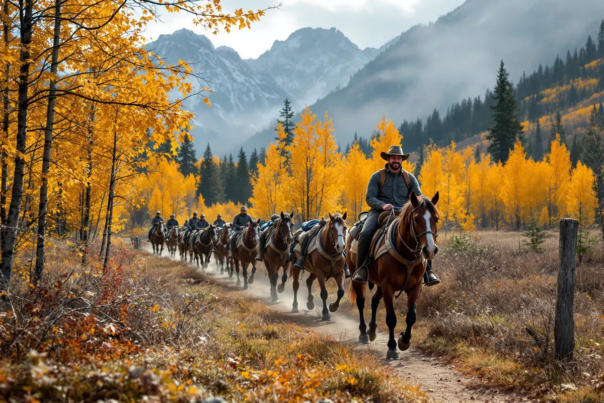 Outfitter leading a horse pack string through autumn aspens on a national forest trail
