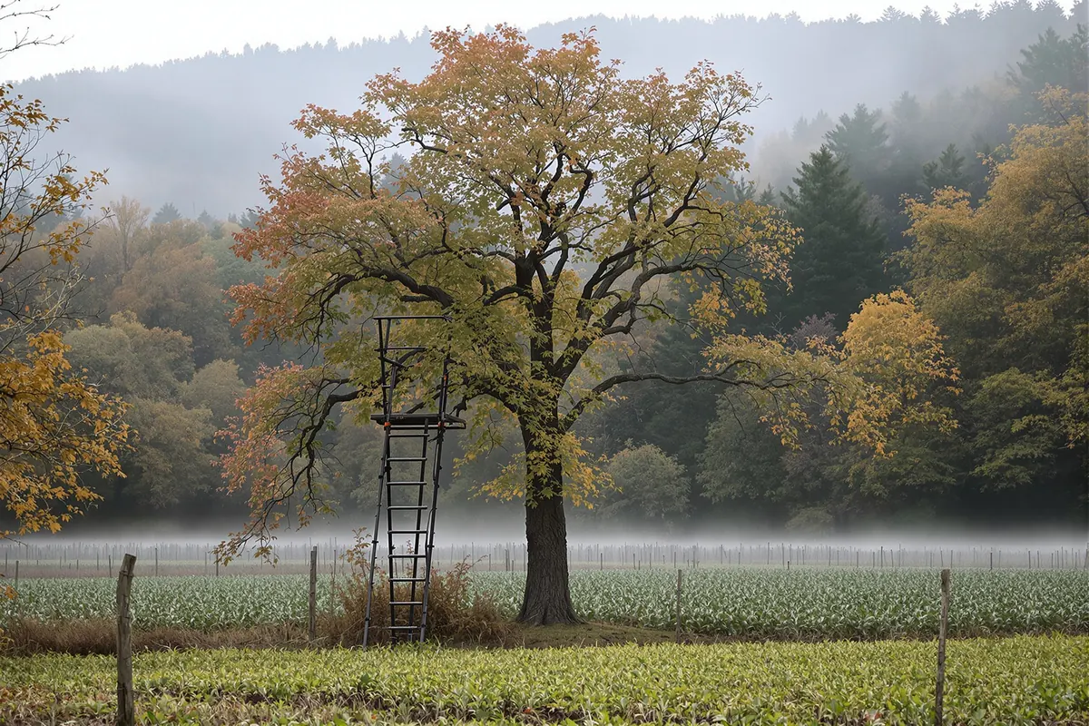 Ladder stand on an oak tree beside a green food plot on leased hunting ground
