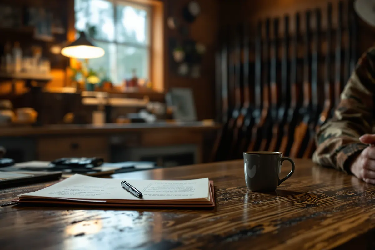 Rustic hunting camp office table with a closed folder and pen ready for signatures