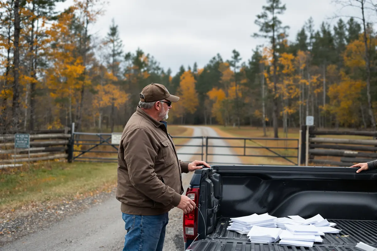 Landowner and club president meeting at a lease gate