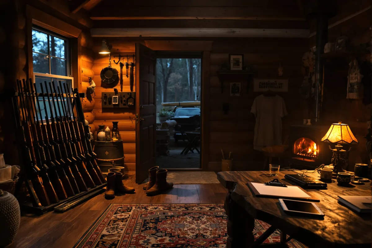 Deer camp cabin with a tablet on the table for member check-in