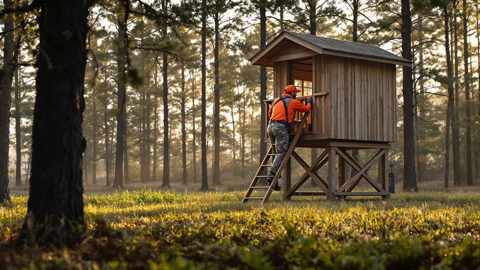 Club member inspecting a shooting house on land covered by hunting lease insurance