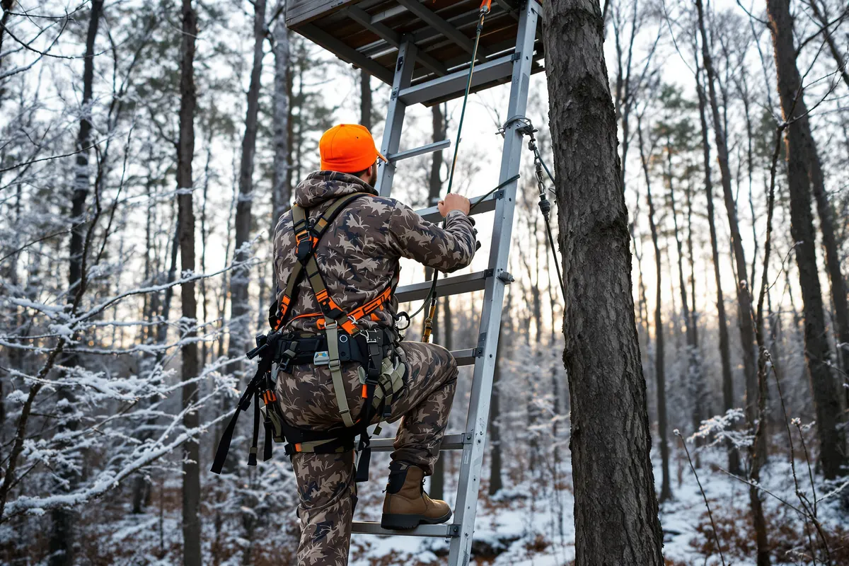 Hunter clipped into a lifeline while climbing a ladder stand at first light