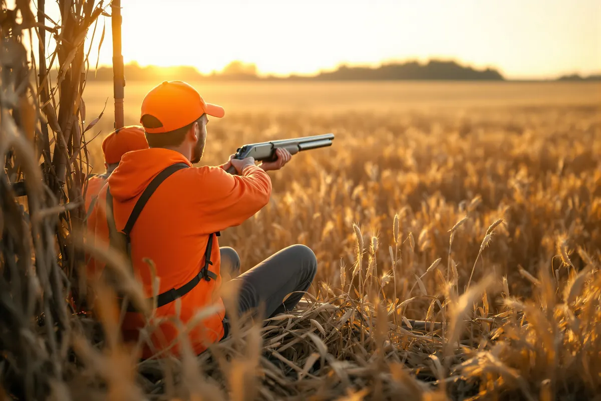 Parent and teenage hunter sitting together in a ground blind at a field edge