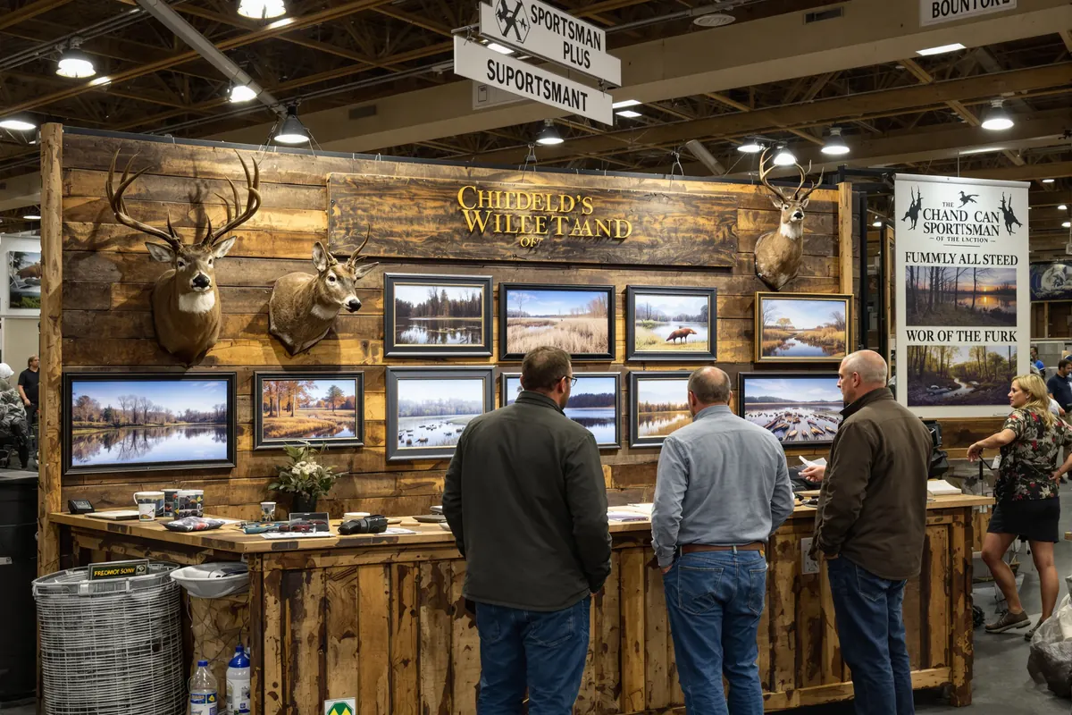Outfitter talking with visitors at a sportsman show booth with mounts