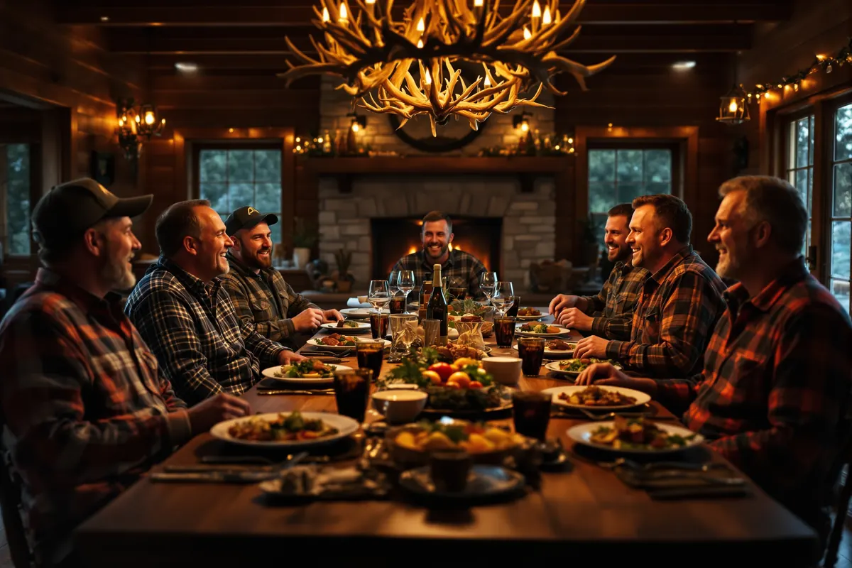 Hunters sharing dinner at a lodge table under an antler chandelier
