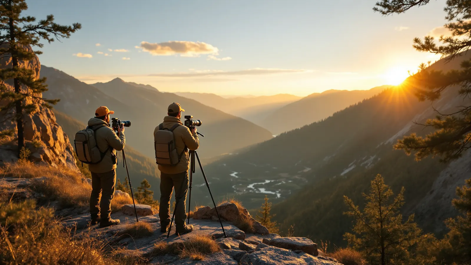 Guide filming hunters glassing a mountain ridge for hunting marketing video