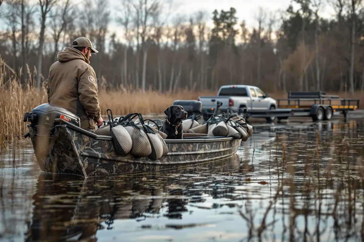 Duck guide launching his own boat and decoys at a flooded timber landing
