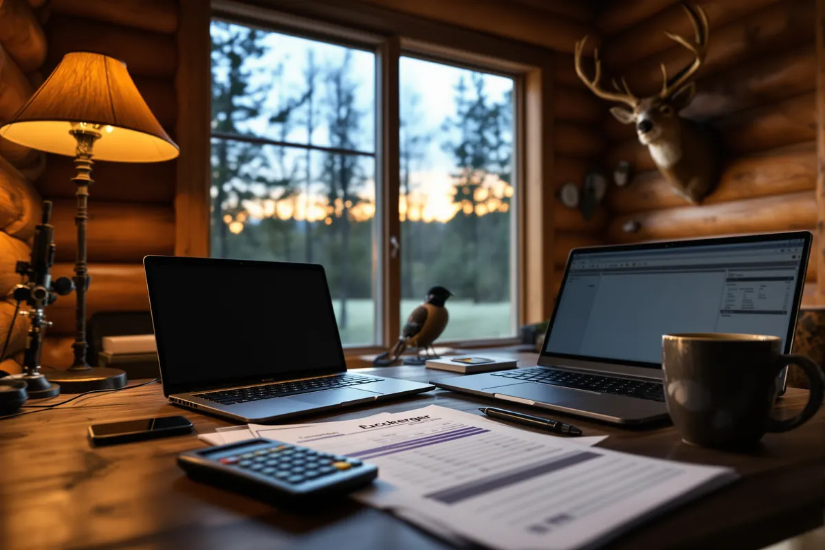 Lodge office desk at dusk with a laptop and ledger used for guide payroll