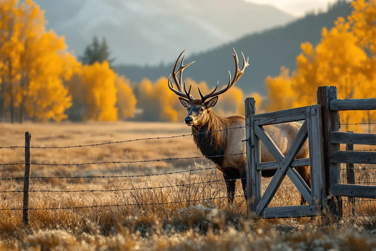 Bull elk at the edge of aspens behind a ranch fence at dawn