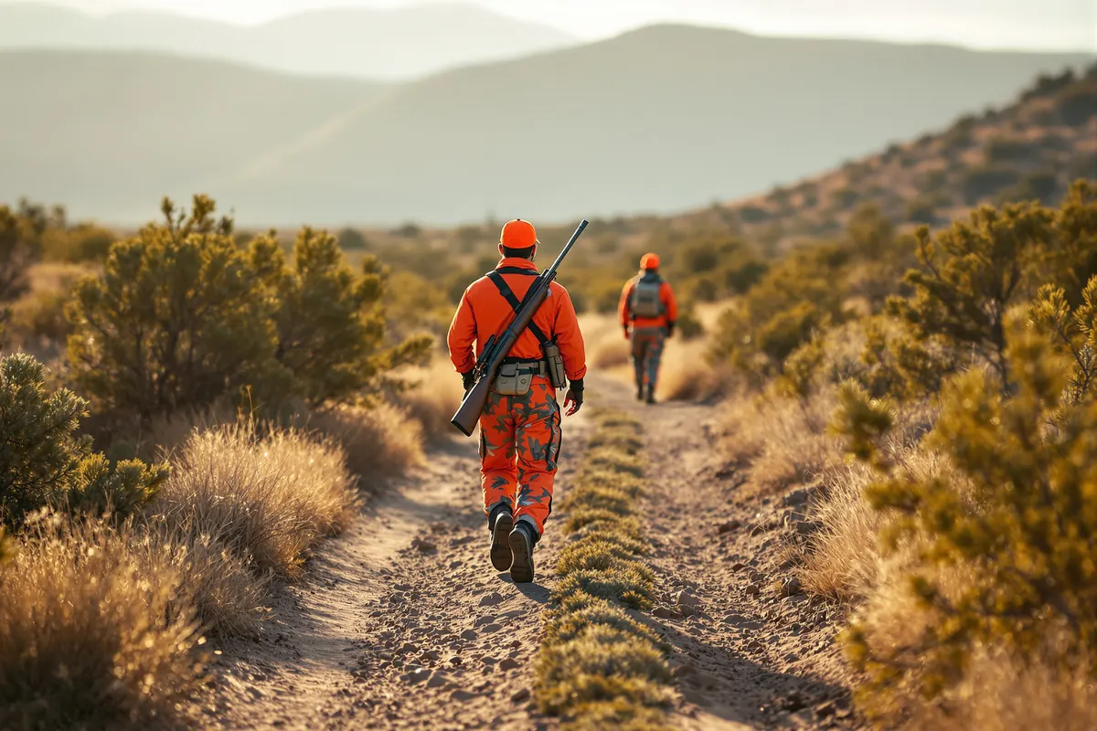 Guide and hunter walking a two-track through juniper country