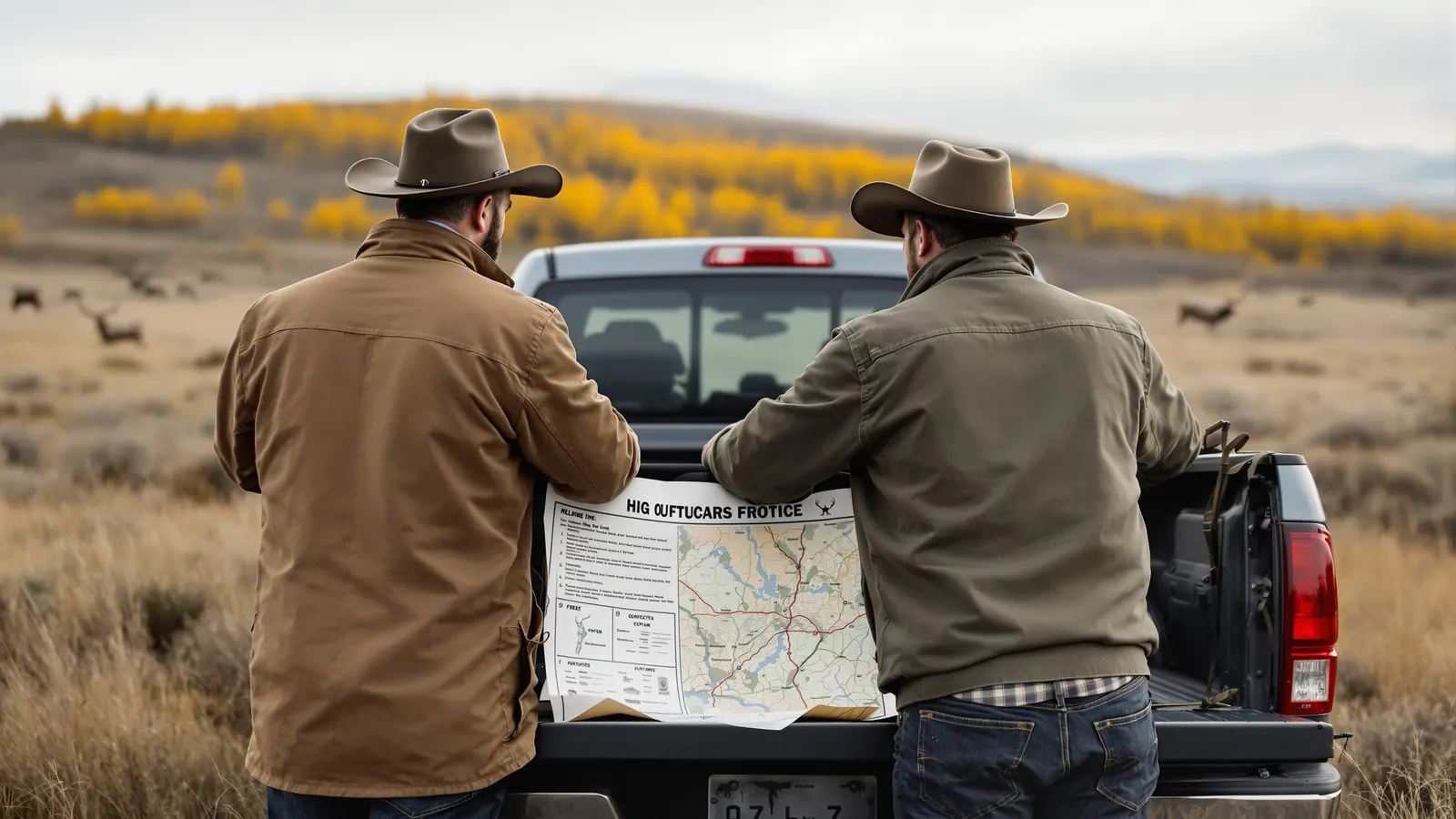 Rancher and outfitter reviewing a property map for landowner tags hunts