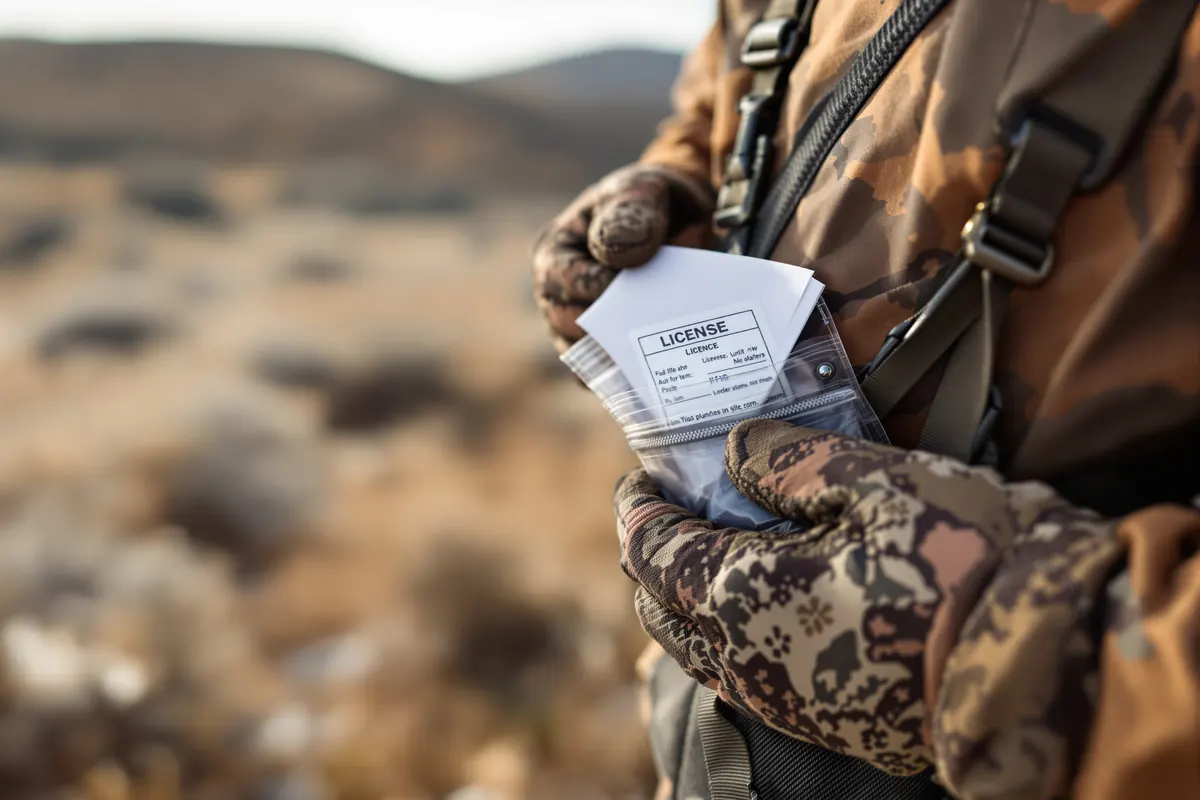 Hunter storing a paper license in a waterproof pouch on a backpack strap