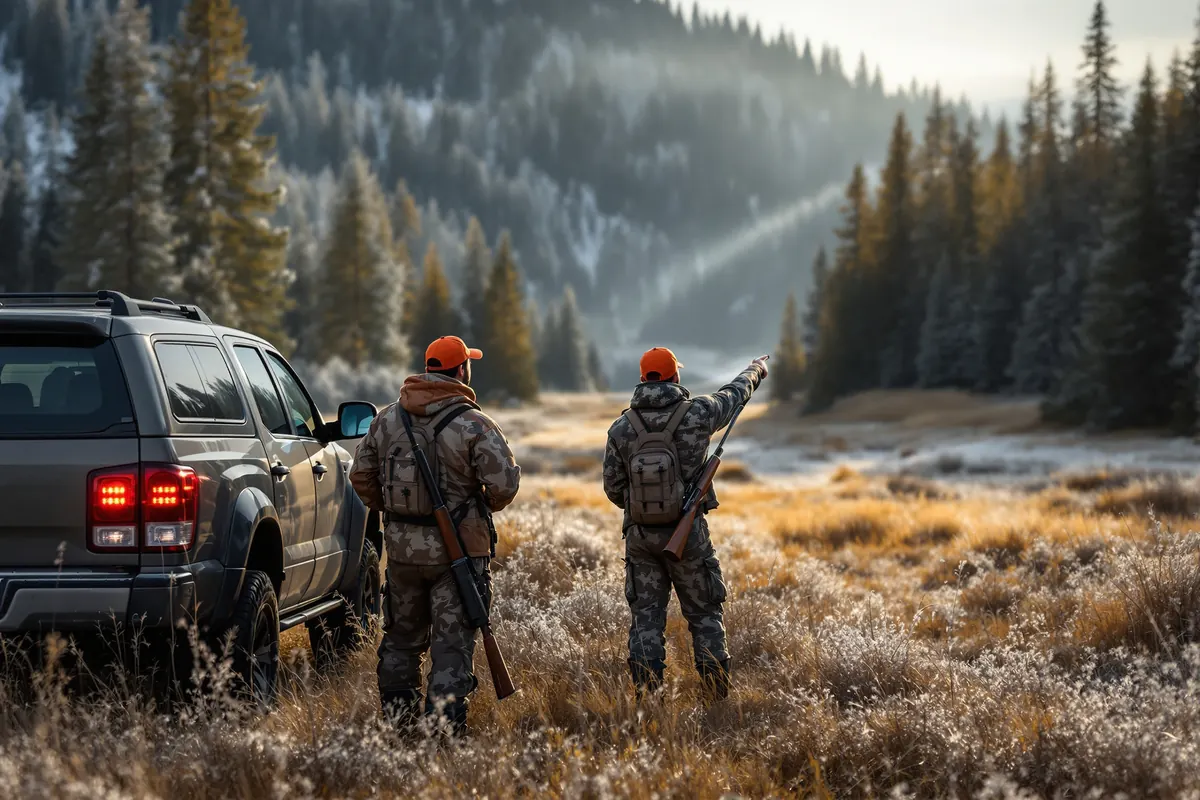 Montana outfitter briefing two nonresident hunters at a trailhead at dawn